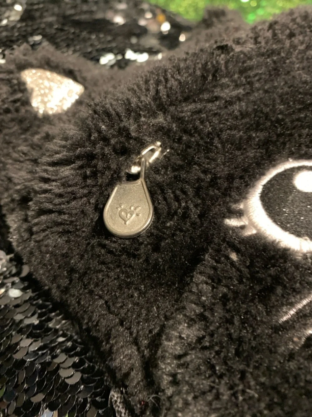 Justice Girls Black Cat Mini Backpack Flip Sequin Fuzzy Fur Kitty Bag EUC